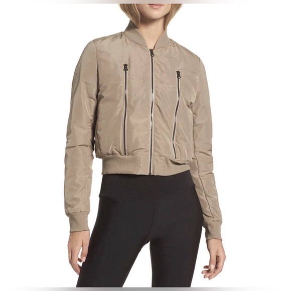ALO Yoga Off Duty Satin Bomber Jacket in Tan Gravel Size Medium - Picture 2 of 15